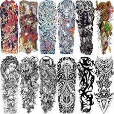 12 Sheets Large Full Arm Sleeve Temporary Tattoos Waterproof 3D Body Stickers