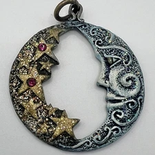 PEWTER IMAGE Pendant Shape Crescent Moon Face With Gold Stars Red Rhinestones