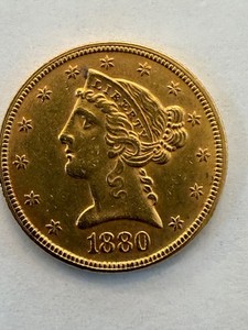 1880 Gold $5 US Five Dollar Liberty Head Half Eagle Coin