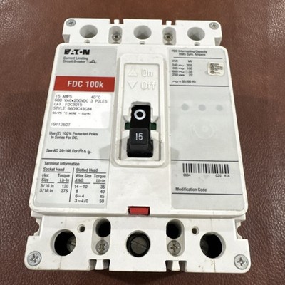 Eaton FDC3015 Circuit Breaker FDC 100k 600V 15 Amp 3 Pole 15A 3P
