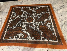 Vintage Scarf Golden Brown Orange Teal Italy 30" Paisley Fringed Polyester