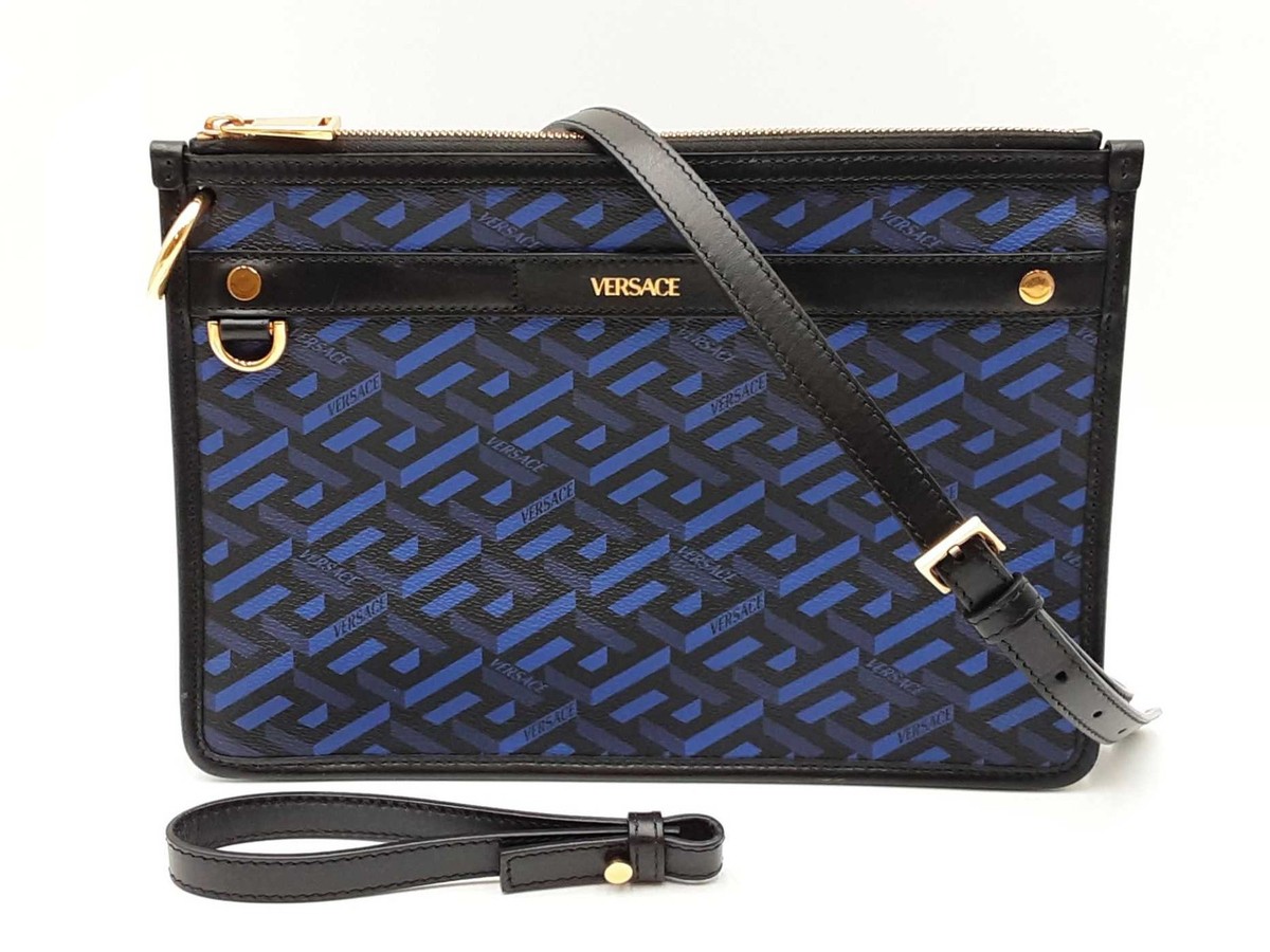 Versace La Greca Signature Coated Canvas Black & Blue Crossbody