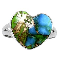 Natural Heart Blue Turquoise in Green Mohave 925 Silver Ring Size 10 USA