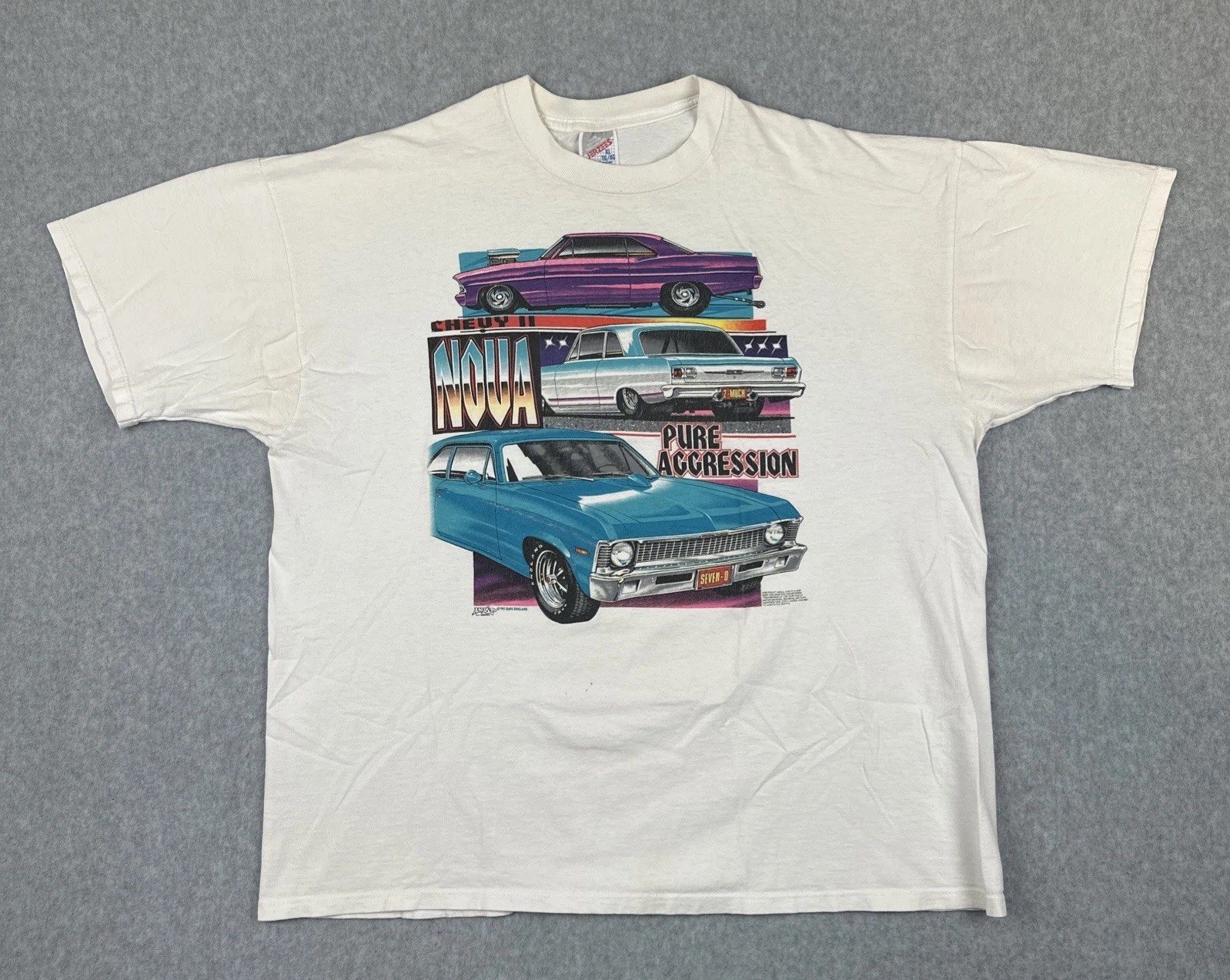 Vtg Jerzees Mens XL White Shirt Made In USA Chevy NOVA Graphic Print Tee 90s