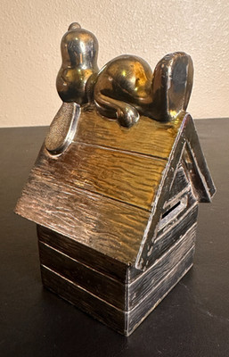 Vintage Peanuts Snoopy Coin Bank Silver Plated Metal