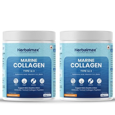 Herbal Max Marine Collagen Powder, Orange Flavour 240gm Each Pack Of 2