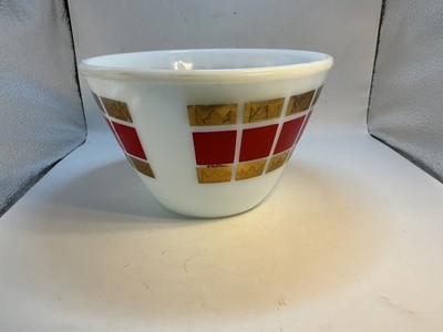 VINTAGE  Fire King Fred Press Milk Glass Mixing Bowl Red & Gold Crown MCM Chip