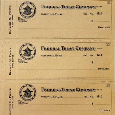 1920 Federal Trust Checks Lot of 3 City Hotel Waterville Maine 640-642 F18C1