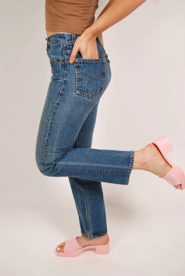 90s Levis Jeans (28) medium wash vintage red tag blue straight leg high rise - Image 2 of 4