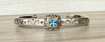 Designer Hallmarked Sterling Silver & 18K Gold Blue Topaz Cuff Bracelet, 28.9g