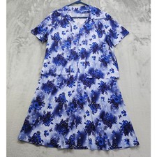 Vintage 70s Dress Jacket Set Size M Blue Floral Lightweight Stretch Short Sleeve