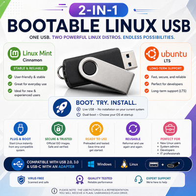 2-in-1 Linux USB Boot Drive | Ubuntu LTS & Linux Mint Cinnamon | Ready to Use