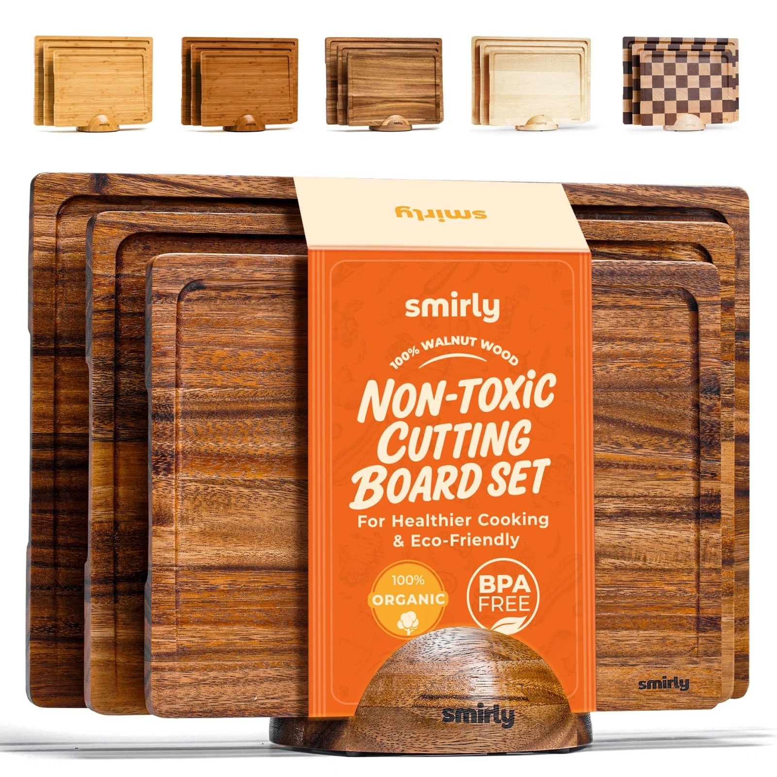 Walnut Wood Cutting Boards for Kitchen, Set of 3 with Holder Large Small, Wa...
