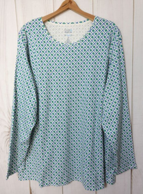 Croft & Barrow Long Sleeve Classic T-Shirt Women's 3X Blue Geo 100% Cotton NEW