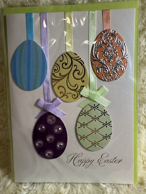 Papyrus Easter Card Suspended Decorated Eggs Satin Ribbons Jewels Embossed