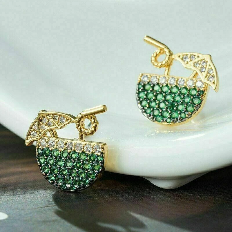 1.98 Ct Round Simulated Emerald Drink Glass Stud Earrings 14k Yellow Gold Plated - Image 3 of 4