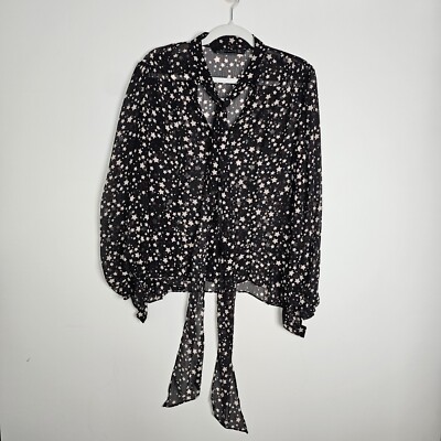 Zara Sheer Blouse Top Stars Long Sleeve Bow Front Tie High Neck Coquette Large