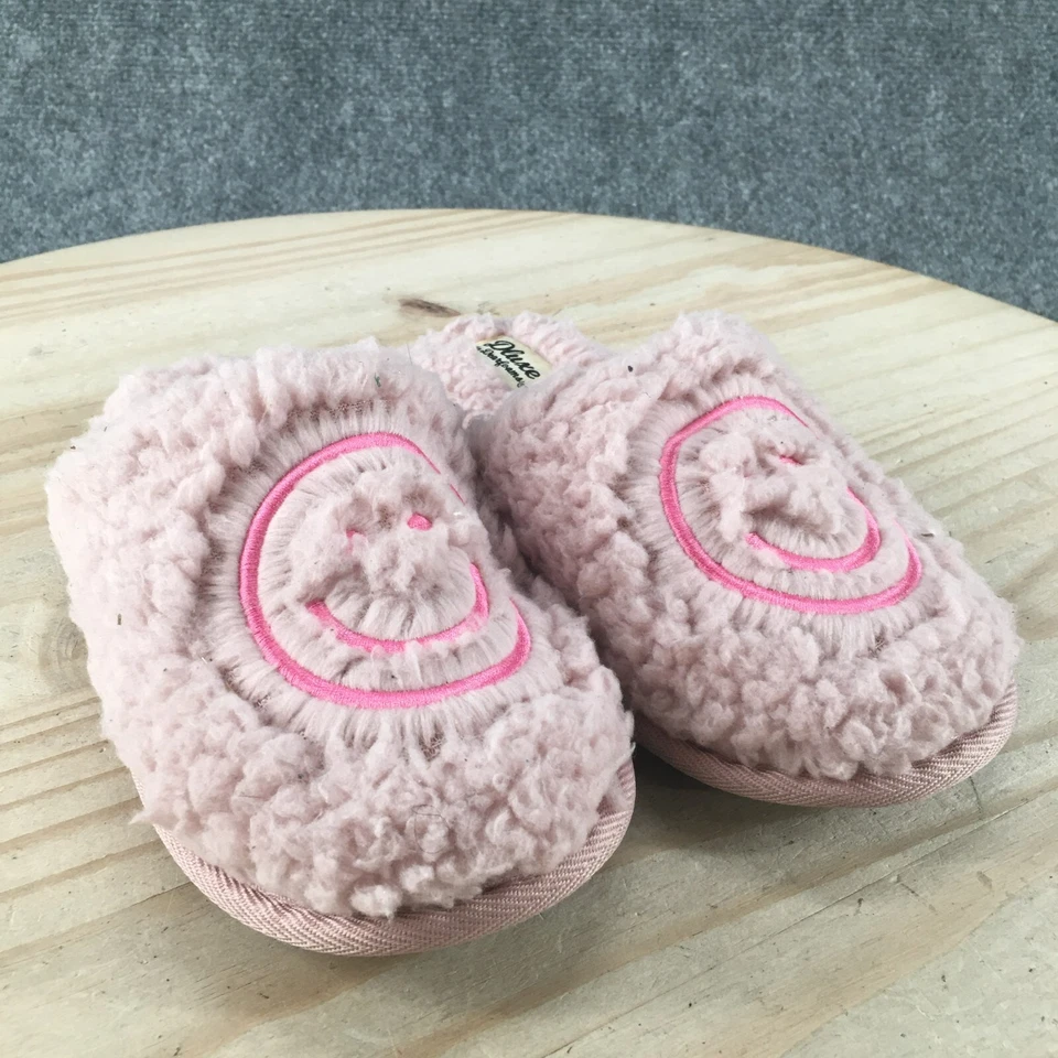 Dluxe by Dearfoams Slippers Youth 13 Mules Pink Faux Fur Comfort Happy Face - Image 3 of 4