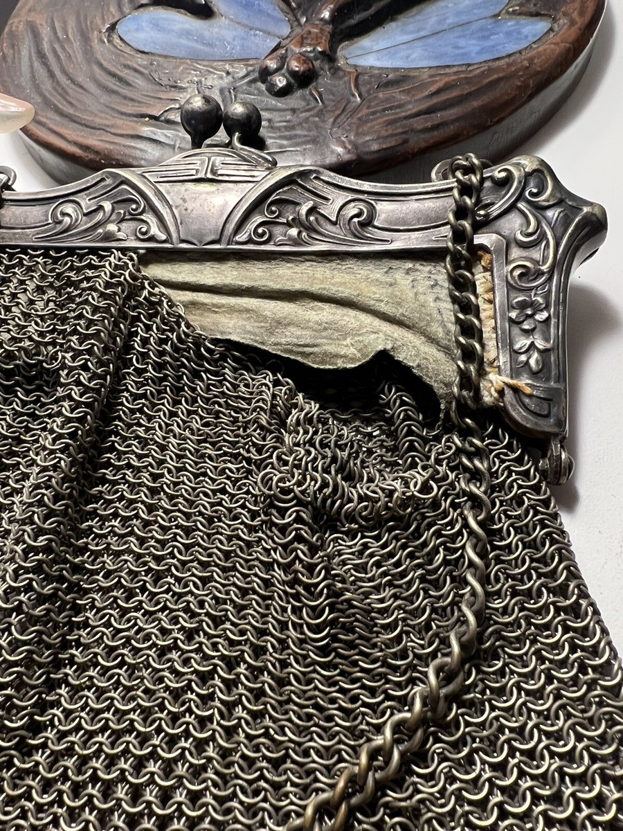 Victorian Unique GERMAN SILVER Mesh EVENING Bag Ornate Frame KISS
