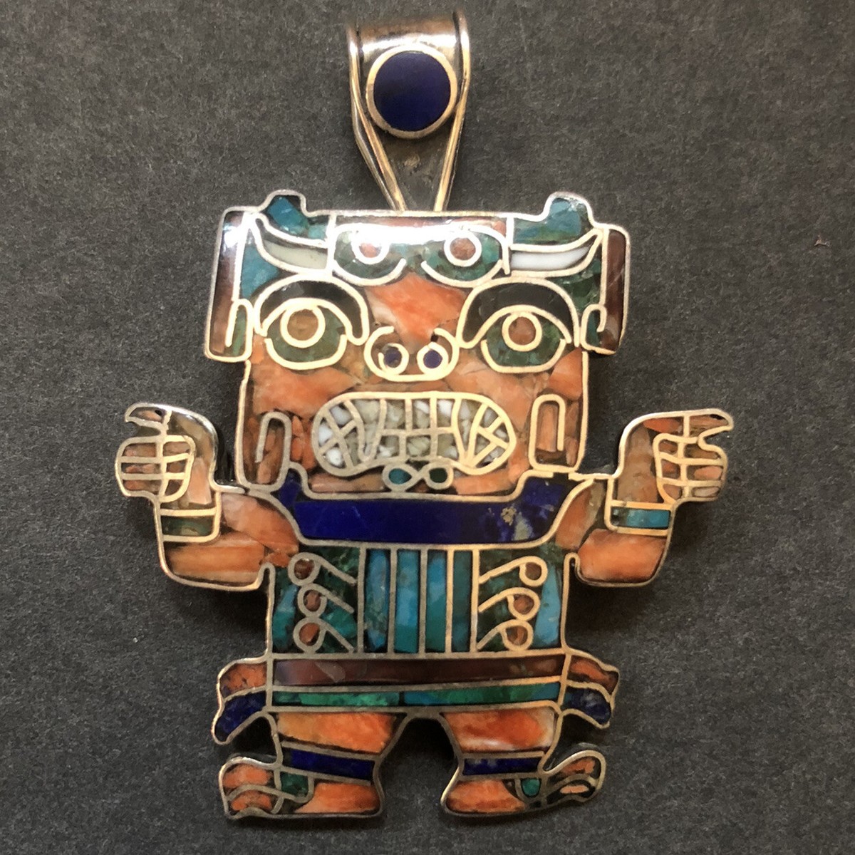 Aztec/Mixtec DIETY Multi-Stone Inlay PIN/PENDANT 950 Silver