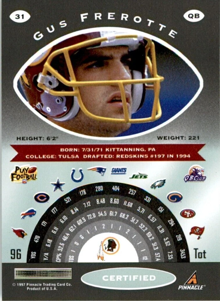 1997 Pinnacle Certified w/ Peel Off Gus Frerotte . Washington Redskins #31 - Image 2 of 2