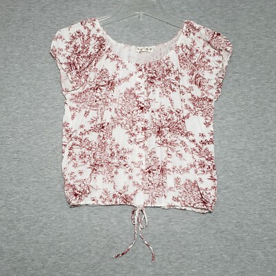 Agenda Top Women's XL Pullover Stretch Short Sleeve Cranberry Cream Floral Boho