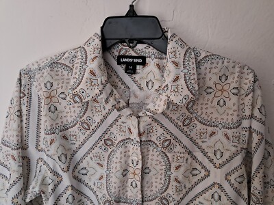 Lands' End Button Down Blouse Top Shirt Women's 14 White Multi Suprima Cotton 