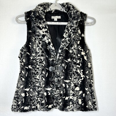 Laura Ashley Vest L Faux Fur Gray Black Toggle Snap Soft Polyester Collar