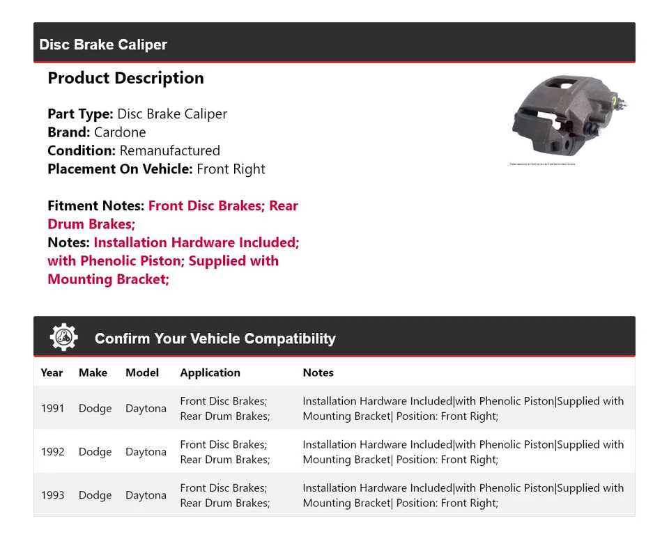 Pinza de freno de disco delantera derecha Cardone 1992 para Dodge Daytona 1991-1993 Foto 2 de 4
