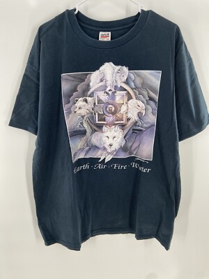 Vintage Earth Air Fire Water Nature Graphic T-Shirt Men s Size 2XL Single Stitch