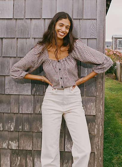 Madewell Women's Puff-Sleeve Button Front Crop Top in Brown Plaid