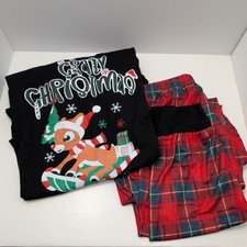 Mens Rudolph Pajama Set 2 piece Large "Crazy Christmas" Red plaid Black shirt
