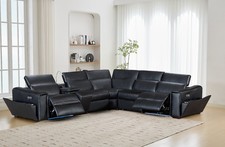 Tannous Electric Recliner Corner Leather Sofa Black,CupHolder,BSpeaker,LED,USB C