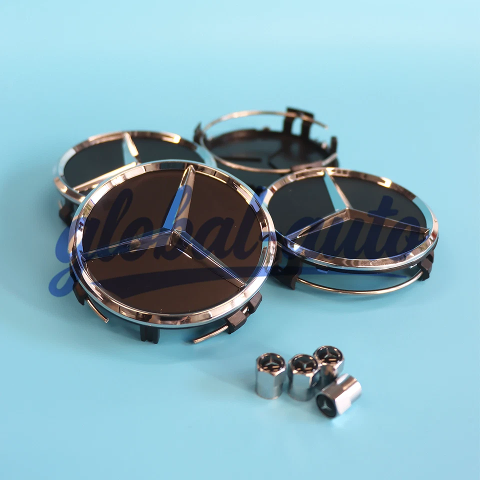 8 Piece BLACK / CHROME Set Fits for AMG Wheel Center Caps & Tire Air Capse - Image 4 of 4