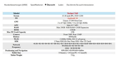 Teclast T65 Tablet - 13,36'' - 128GB -Wie Neue (Touchscreen funktioniert nicht)
