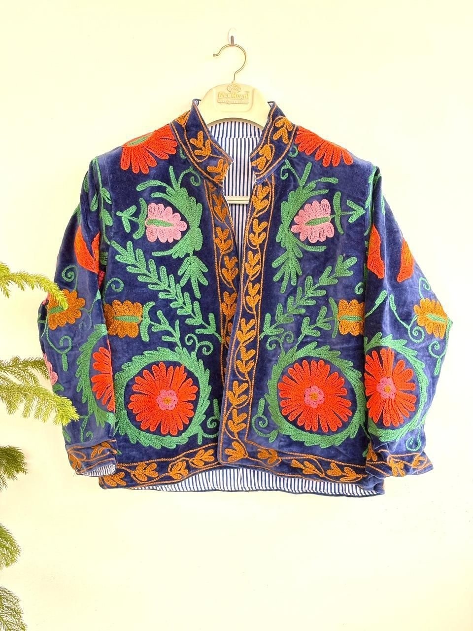 Blue Handmade Velvet Suzani Jacket Short Coat Boho Womens Clothing Gift For Her