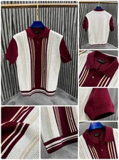 Men’s Knit Polo Shirt Burgundy White Striped Short Sleeve Retro Casual 