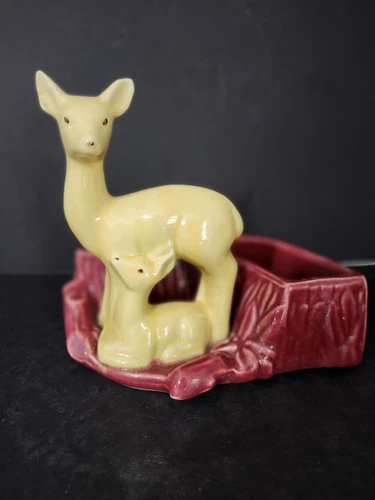 Vintage Shawnee Pottery Planter Deer W/ Fawn 6" Yellow & Maroon #669