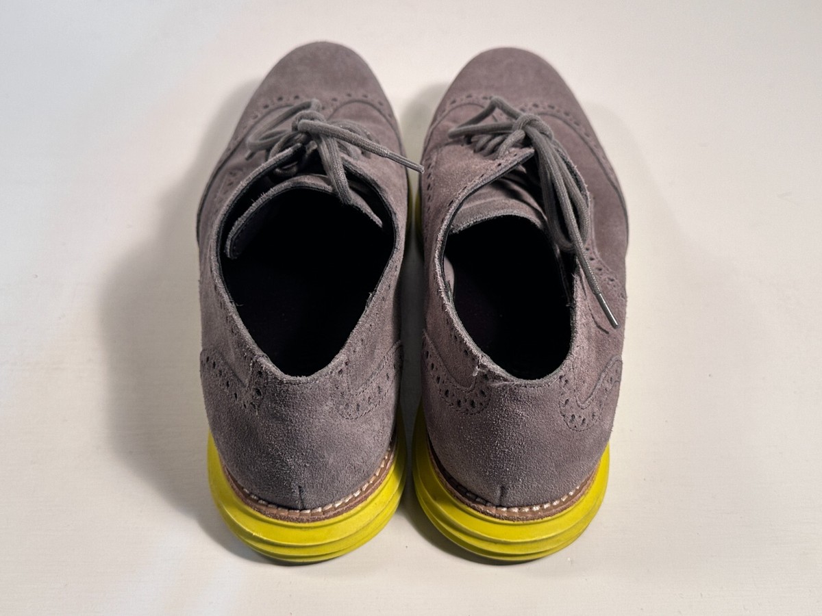 Men\'s Cole Haan LunarGrand Gray Wingtip Suede Shoes with Yellow Green Sole COLE HAAN ~ Gray Suede Yellow Soles Lunargrand Wingtip  main image 4