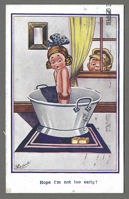 Vintage Comic Postkarte ''Hoffe ich bin nicht zu früh?'' noch in der Badewanne! Ludgate