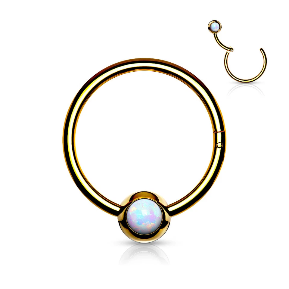 Opal Set Ball Surgical Steel Hinge Hoop Segment Ring Nose Septum Ear Cartilage  - Image 2 of 4