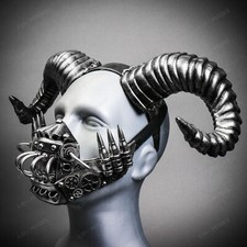 Silver Devil Ram Horn Headband w/ Mouth Cover Mask Hallween Party Costume