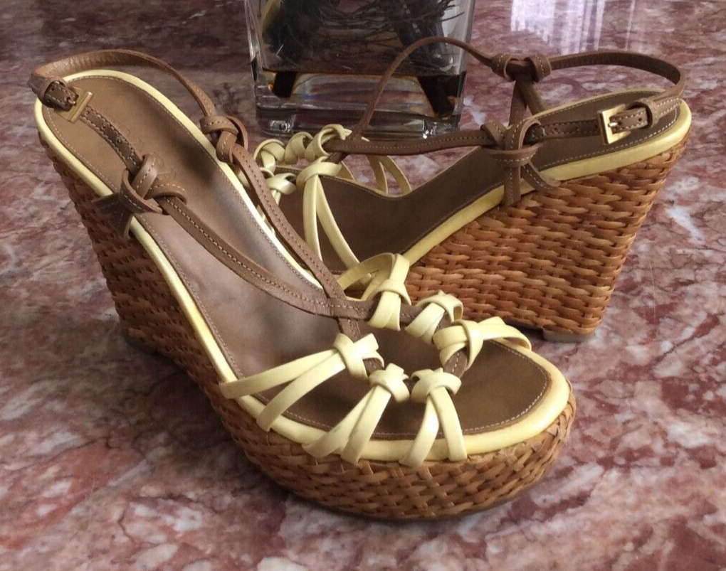 Prada Yellow Strappy Open Toe Woven Wedge Sandals Size 37/US EUC