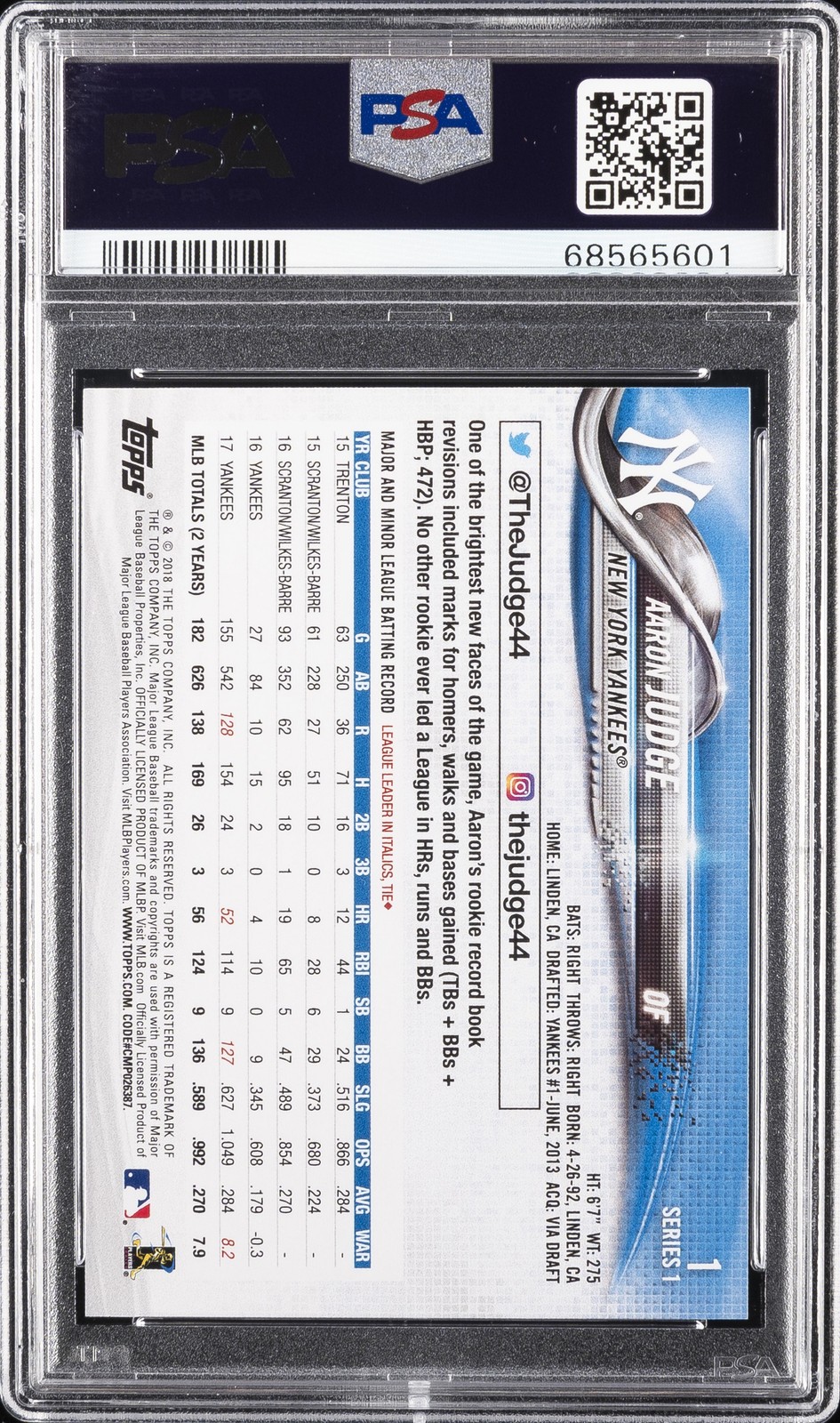 2018 TOPPS #1 AARON JUDGE ROOKIE RC PSA 10 view 2