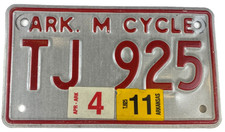 Vintage Arkansas 2011 Motorcycle License Plate TJ 925 Garage Man Cave Wall Decor