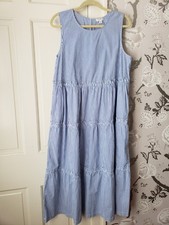 J Crew Factory Blue White Stripe Cotton Poplin Sleeveless Tiered Dress 14 Cruise