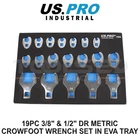 US PRO INDUSTRIAL 19PC 3/8" & 1/2" DR Metric Crowfoot Wrench Set in EVA Tray