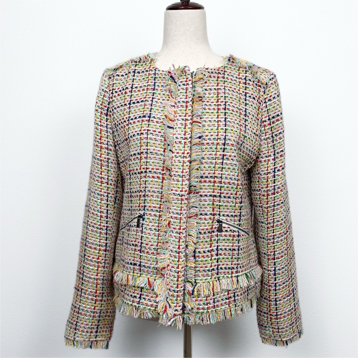 Halogen Jacket Blazer Womens Medium Rainbow Tweed Fringe Preppy