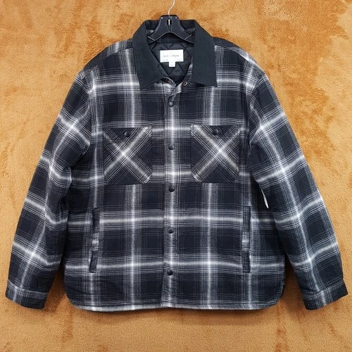 SUN + STONE Jacket Mens XL Black Plaid Insulated Snap Front Corduroy Workwear - product listing photo