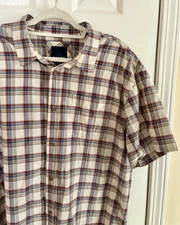 Men's prAna Bryner Short Sleeve Cotton Button Down - Tan Plaid, XL